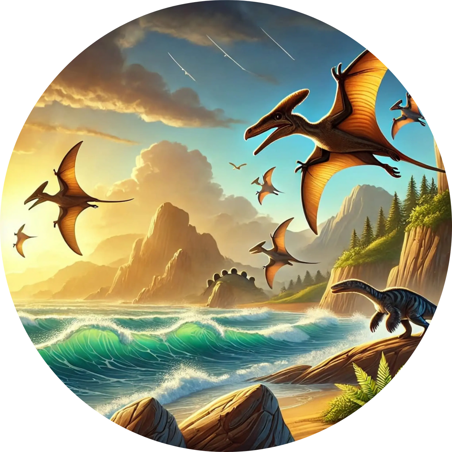 Flugsaurier über tropischem Meer – dramatische Szene mit Felsen und Vögeln