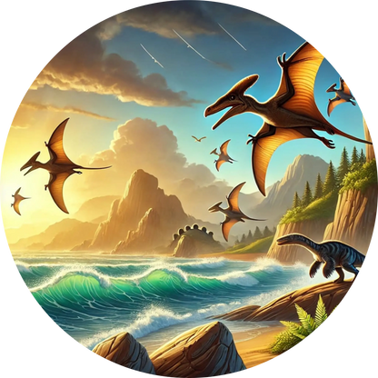 Flugsaurier über tropischem Meer – dramatische Szene mit Felsen und Vögeln