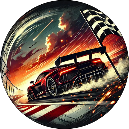 Formel-1-Rennwagen auf der Zielgeraden mit Startflagge und starker Bewegungsunschärfe.