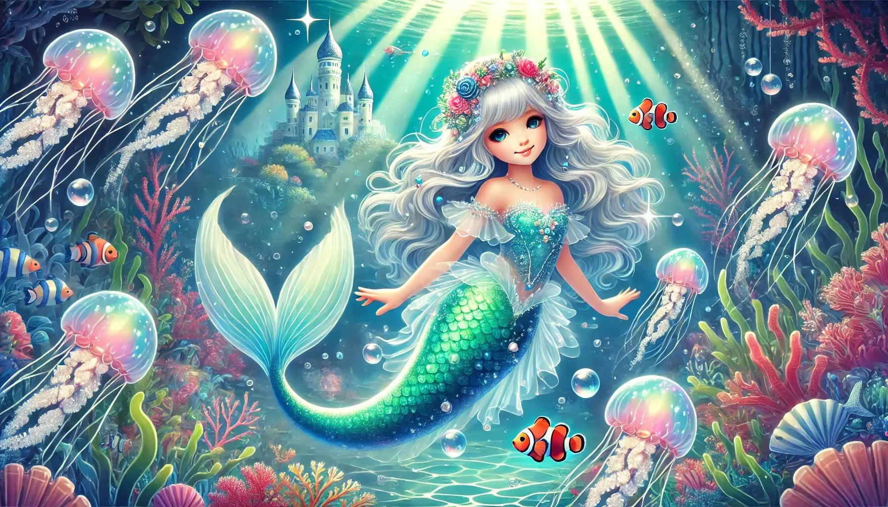 Eine fröhliche Meerjungfrau schwimmt durch eine bunte Unterwasserwelt mit leuchtenden Korallen und bunten Fischen.