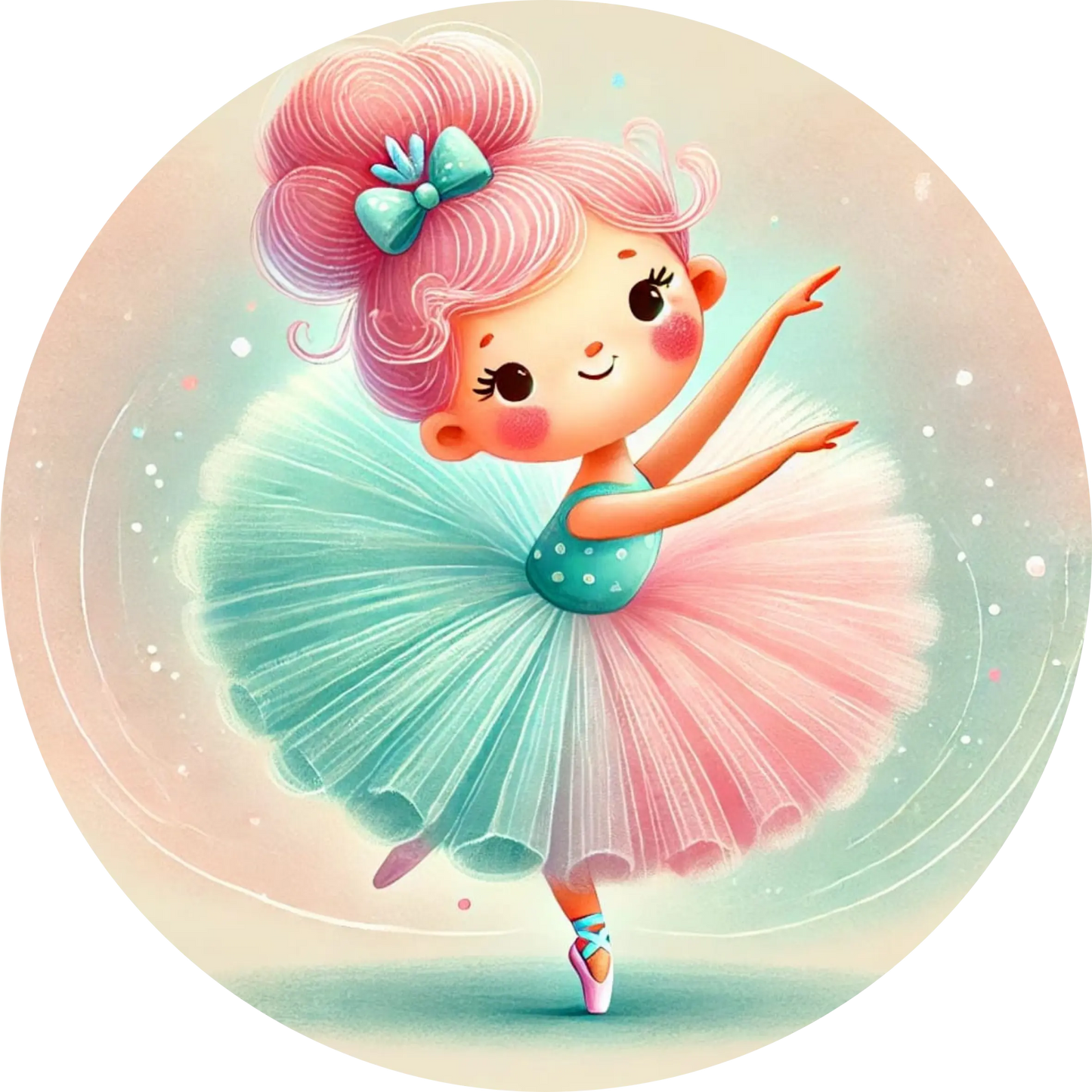 Fröhliche kleine Tänzerin in türkisfarbenem Tutu, springt auf glitzerndem Hintergrund – cartoonartig und verspielt