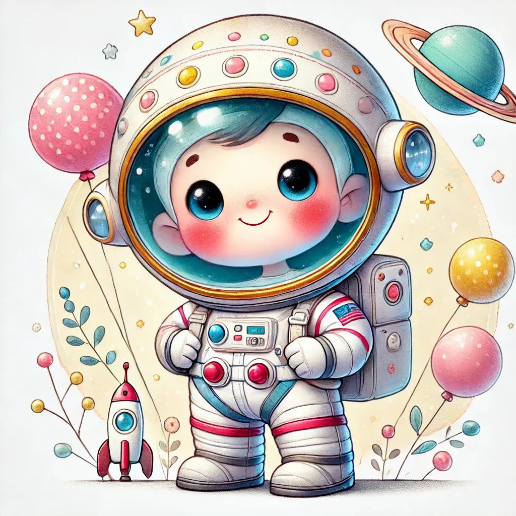 Astronaut im Raumanzug steht stolz im Raumanzug vor einem Hintergrund mit Luftballons, Planeten und einer Rakete. Sanfter Comicstil.