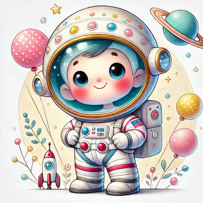 Astronaut im Raumanzug steht stolz im Raumanzug vor einem Hintergrund mit Luftballons, Planeten und einer Rakete. Sanfter Comicstil.