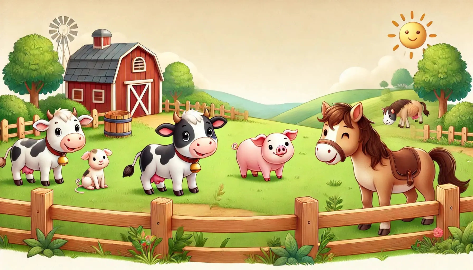 Fröhliche Tiere vor Stall mit Blümchen auf sonniger Hügellandschaft.