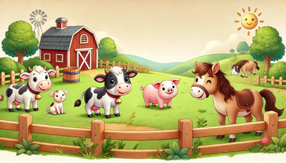 Fröhliche Tiere vor Stall mit Blümchen auf sonniger Hügellandschaft.