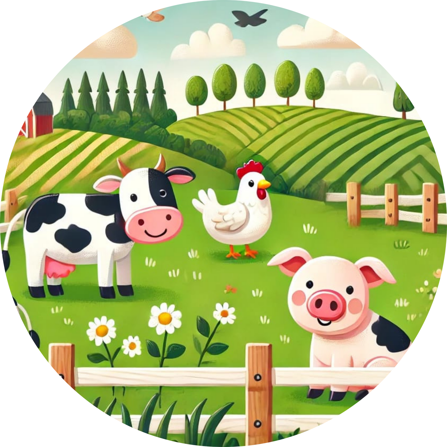 Fröhlicher Bauernhof mit Schweinen, Kühen und Hühnern