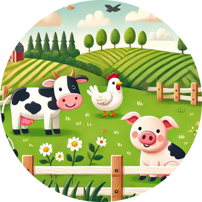 Fröhlicher Bauernhof mit Schweinen, Kühen und Hühnern