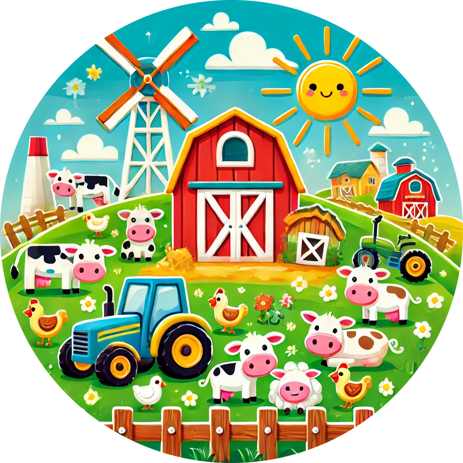 Bunte Bauernhofszene mit Traktor, Kühen, Hühnern und Tieren – Comic-Stil