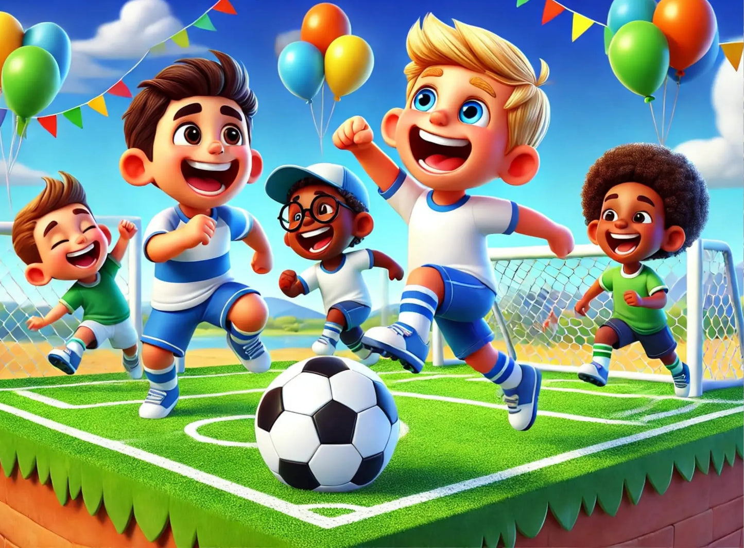 Kinder feiern jubelnd mit einem Fußball – Cartoon-Stil mit buntem Hintergrund.