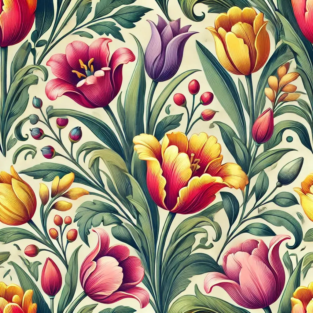 Buntes Blumenmuster mit Tulpen, Blüten und Blättern in kräftigen Farben auf hellem Grund