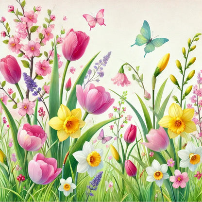 Frühlingshafte Szene mit Tulpen, Narzissen und Kirschblüten, umgeben von flatternden Schmetterlingen