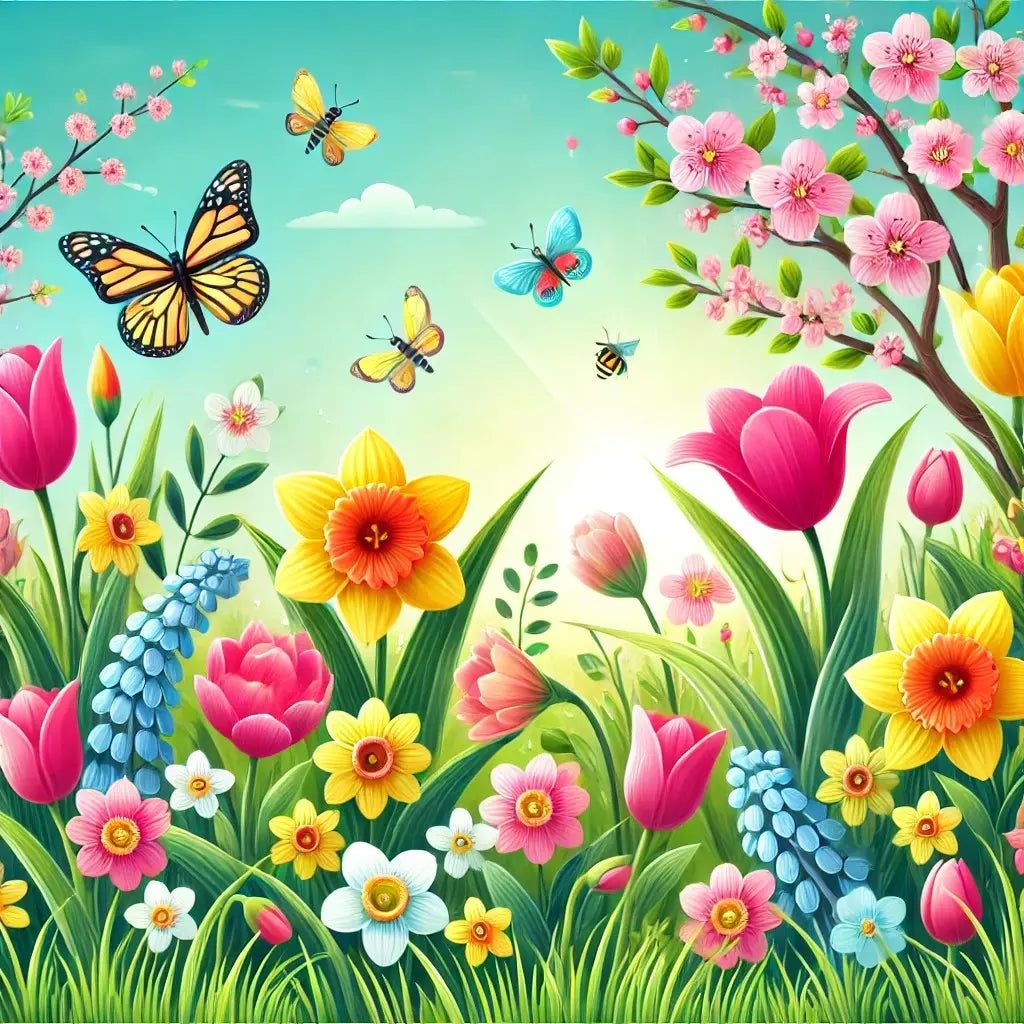 Frühlingshafte Szene mit Tulpen, Narzissen und Kirschblüten, umgeben von flatternden Schmetterlingen