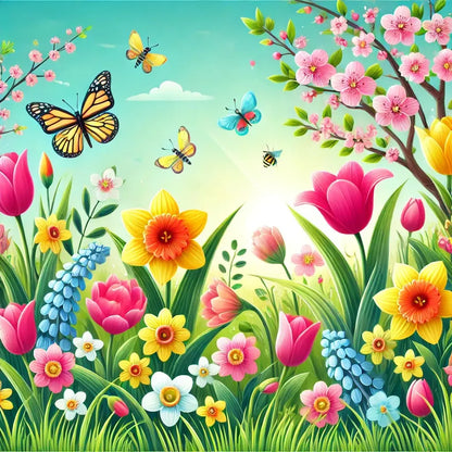 Frühlingshafte Szene mit Tulpen, Narzissen und Kirschblüten, umgeben von flatternden Schmetterlingen