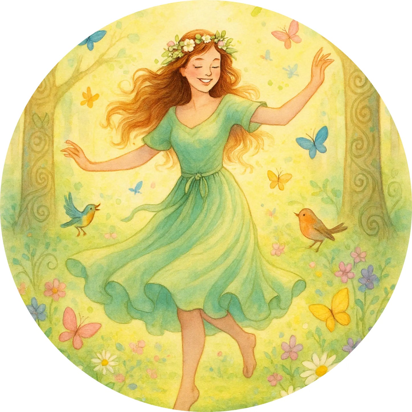 Tanzende Frühlingsgöttin – Eine junge Frau tanzt fröhlich barfuß auf einer Wiese mit bunten Schmetterlingen, voller Leichtigkeit und Lebensfreude.