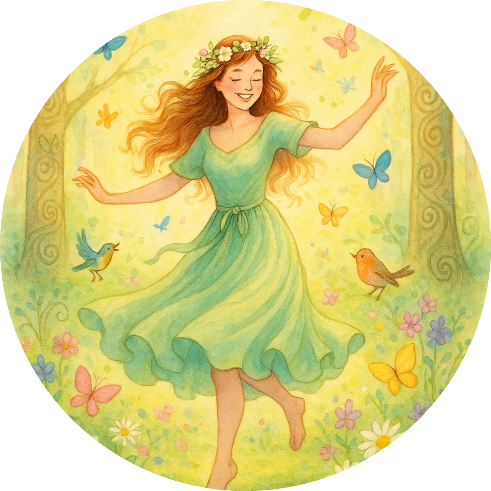 Tanzende Frühlingsgöttin – Eine junge Frau tanzt fröhlich barfuß auf einer Wiese mit bunten Schmetterlingen, voller Leichtigkeit und Lebensfreude.