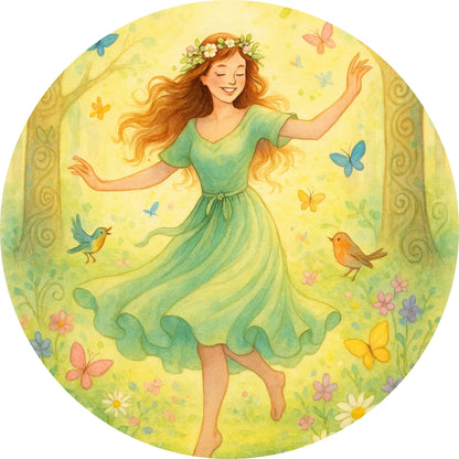 Tanzende Frühlingsgöttin – Eine junge Frau tanzt fröhlich barfuß auf einer Wiese mit bunten Schmetterlingen, voller Leichtigkeit und Lebensfreude.