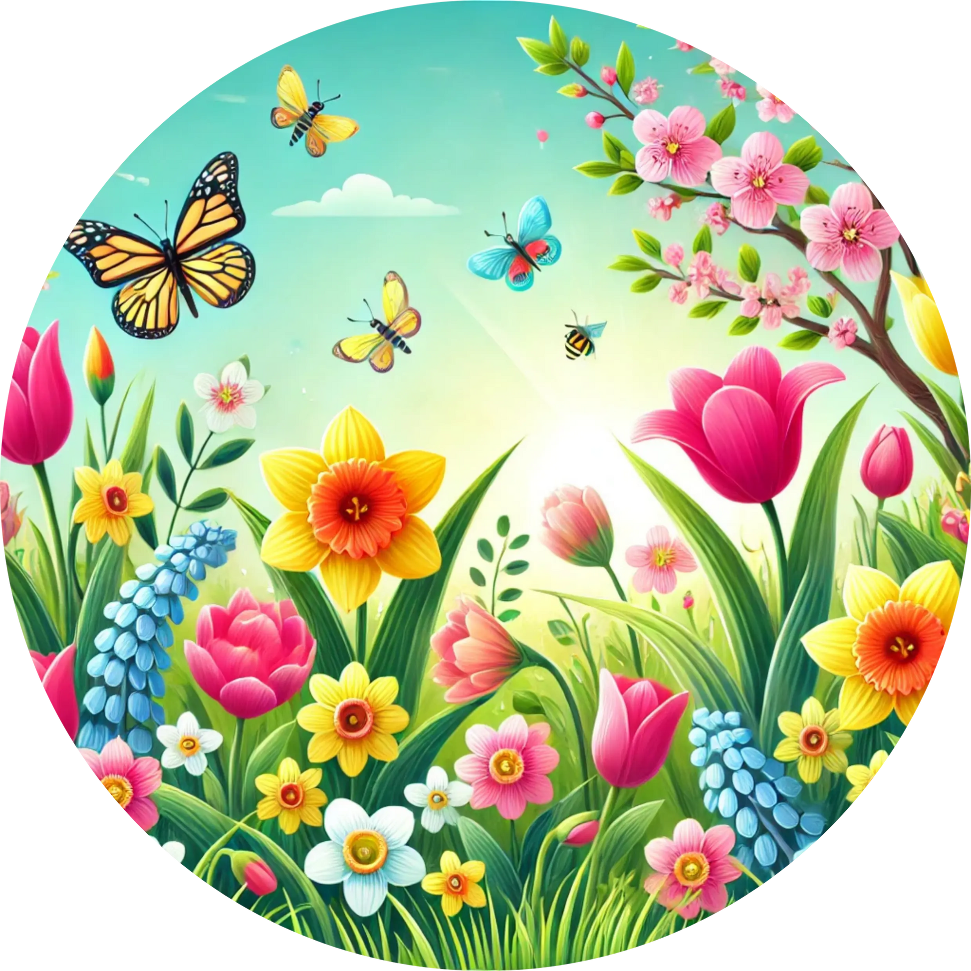 Verspieltes Frühlingsmotiv mit bunten Tulpen und Schmetterlingen