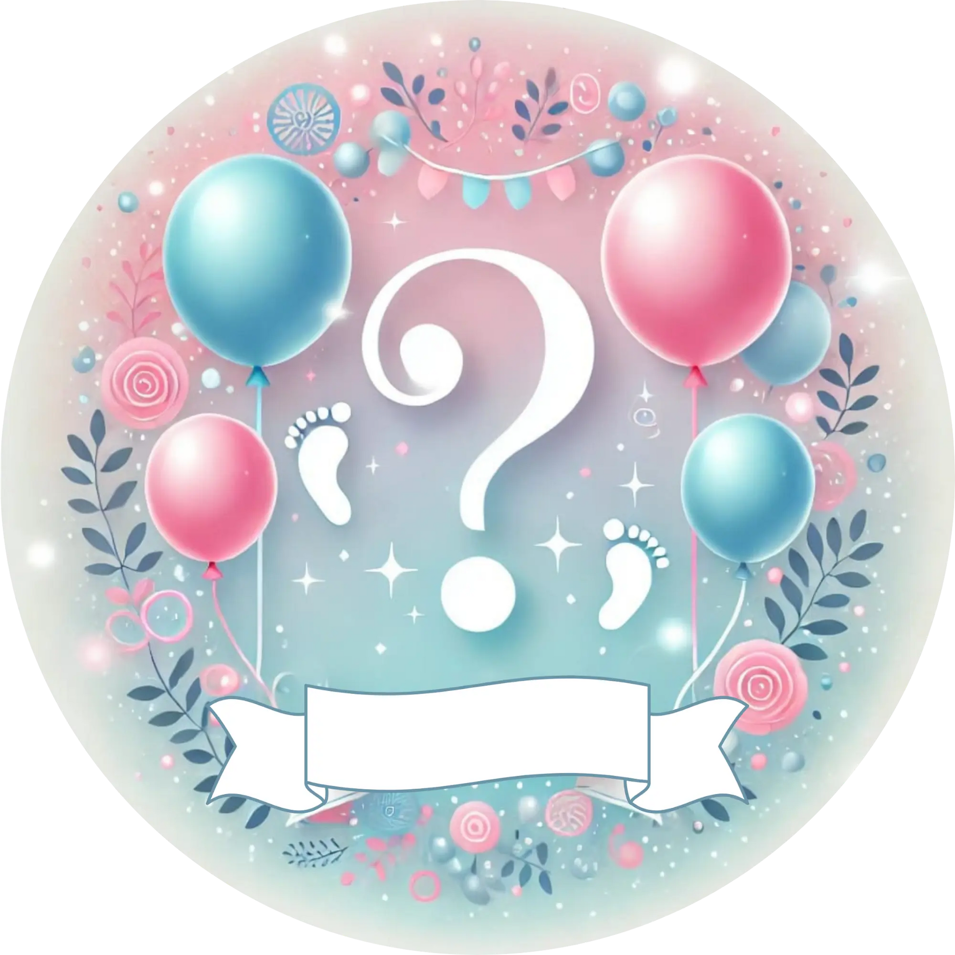 Luftballons mit Fragezeichen und floraler Deko – Gender Reveal Design