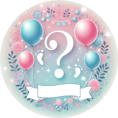 Luftballons mit Fragezeichen und floraler Deko – Gender Reveal Design