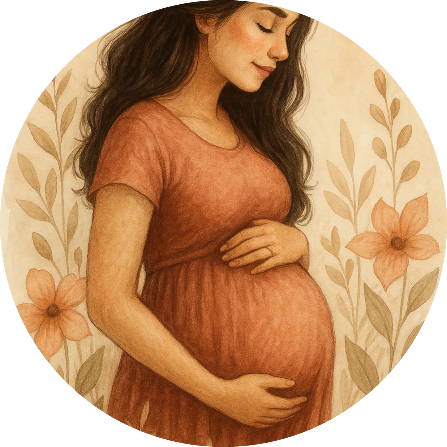 Schwangere Frau mit rosa Kleid und ruhigem Blick – sanftes Porträt
