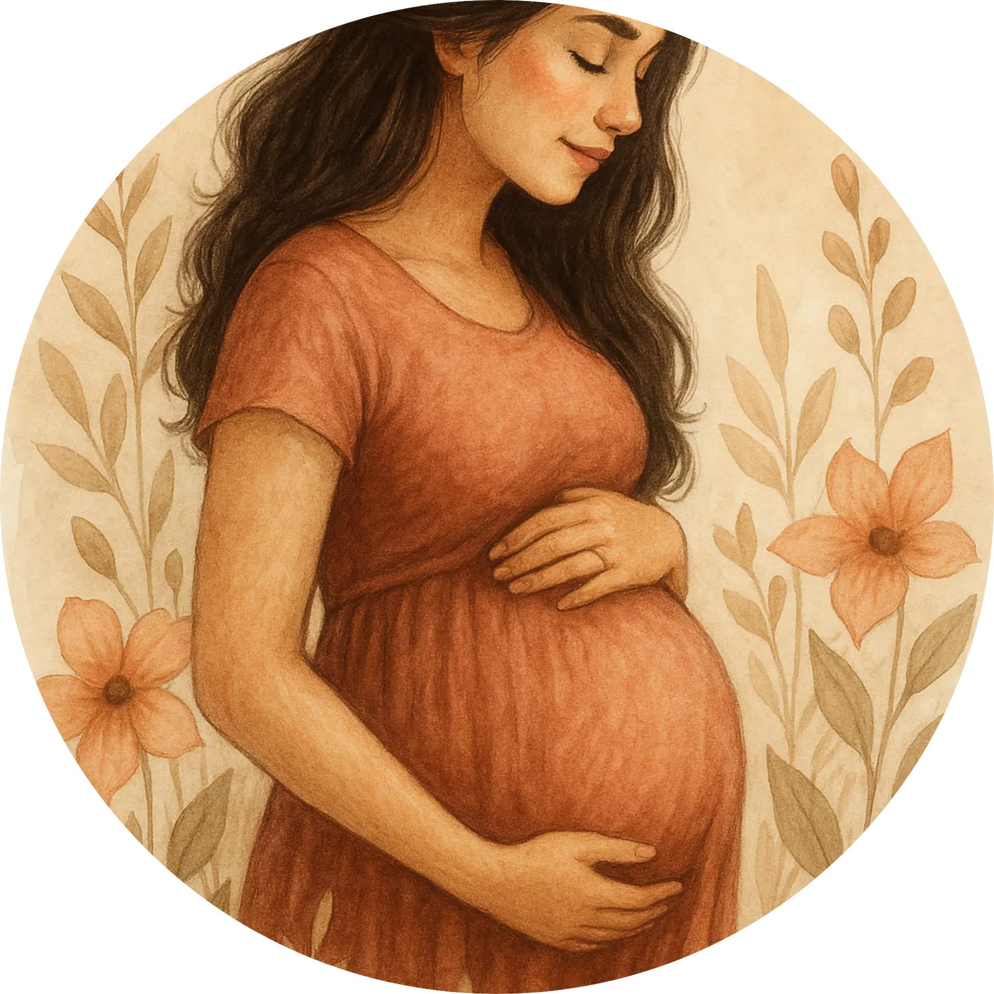 Schwangere Frau mit rosa Kleid und ruhigem Blick – sanftes Porträt
