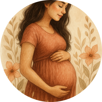 Schwangere Frau mit rosa Kleid und ruhigem Blick – sanftes Porträt
