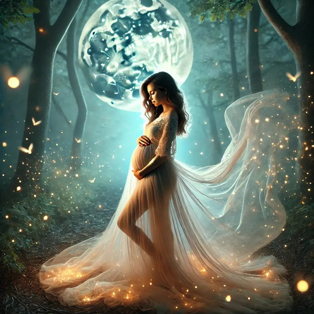 Mystisch-romantische Szene mit schwangere Frau im Feen-Look bei Vollmond im Wald – magische Darstellung mit Lichteffekten.