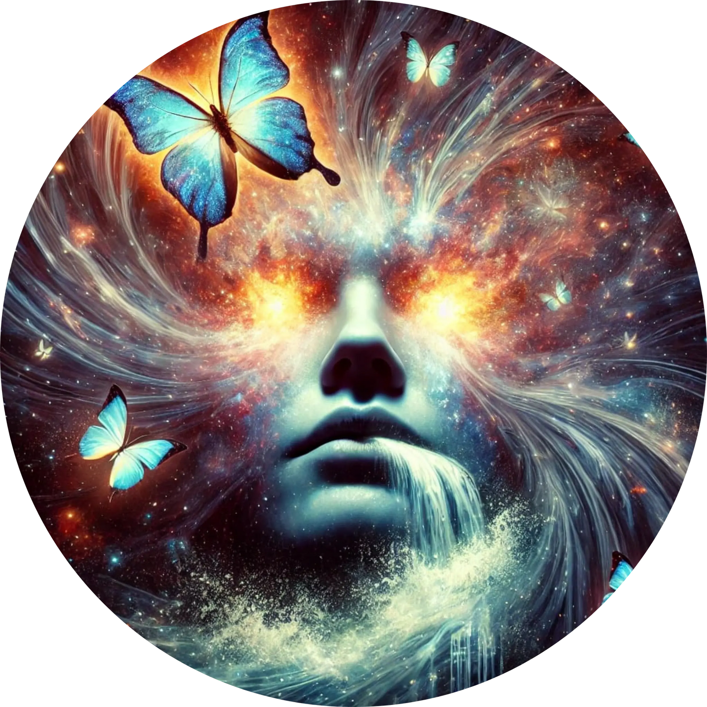 Frauengesicht in galaktischer Nebellandschaft mit leuchtenden Elementen