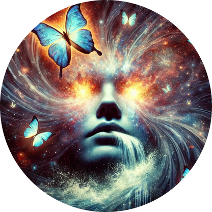 Frauengesicht in galaktischer Nebellandschaft mit leuchtenden Elementen