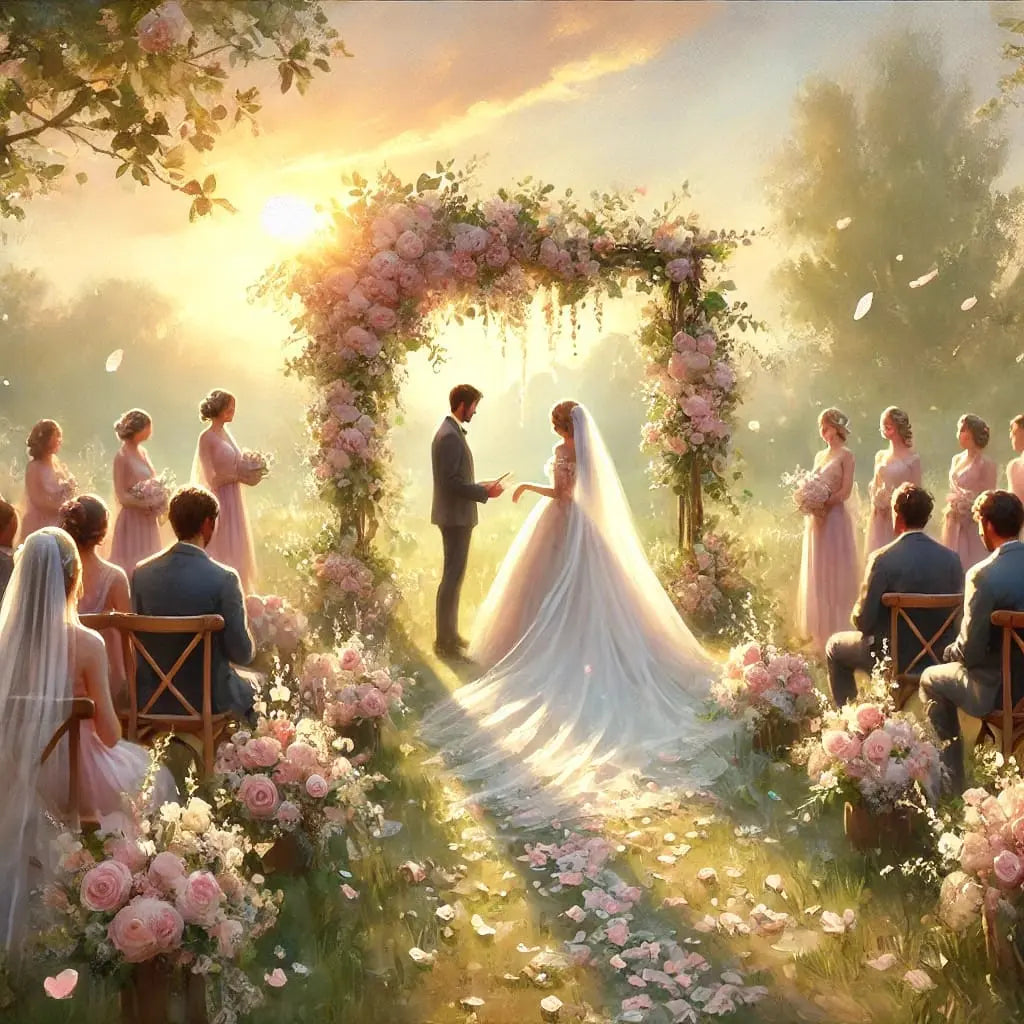 Freie Trauung im Garten bei Sonnenuntergang mit Blumenbogen und romantischer Lichtstimmung