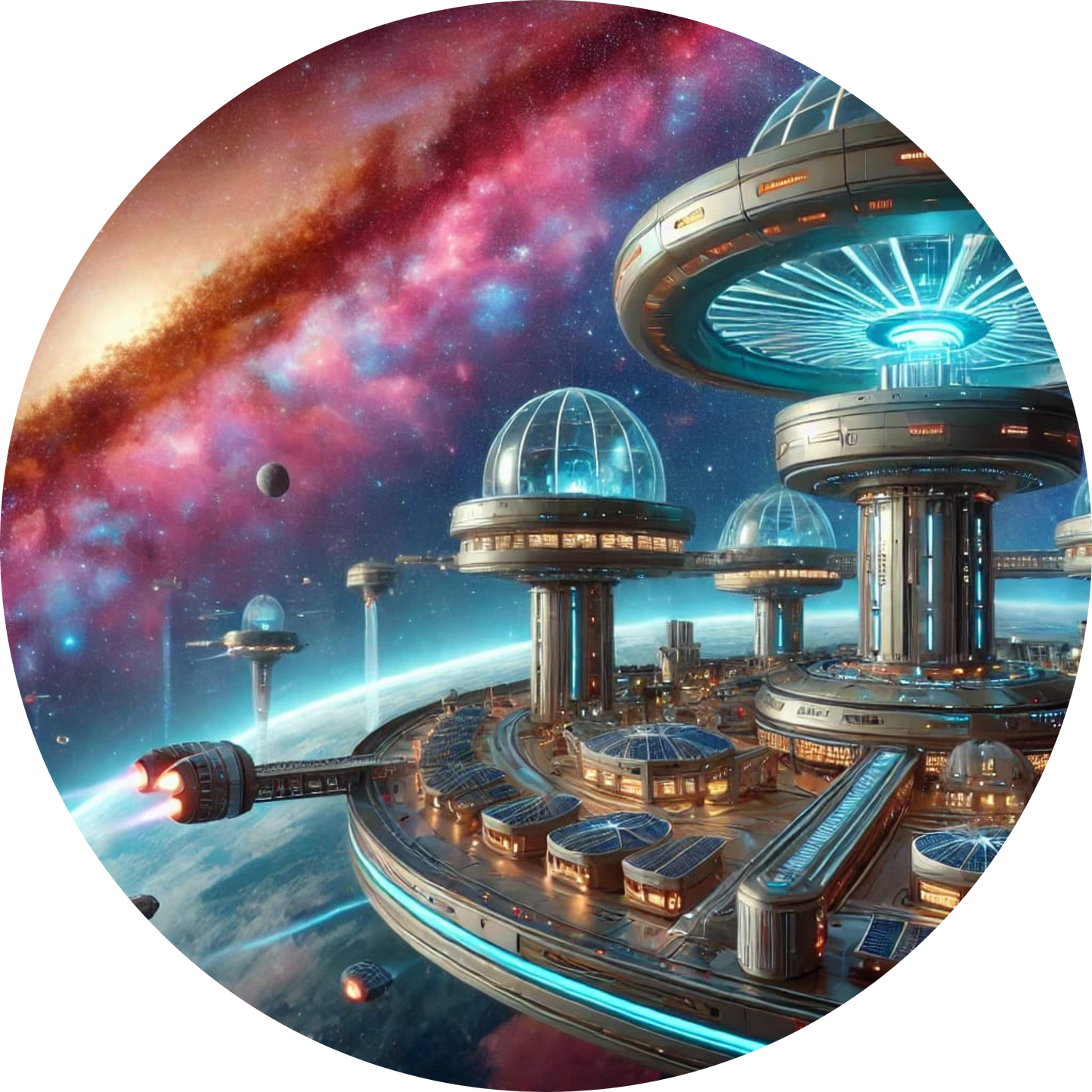 Stadt auf einem fremden Planeten mit buntem Himmel