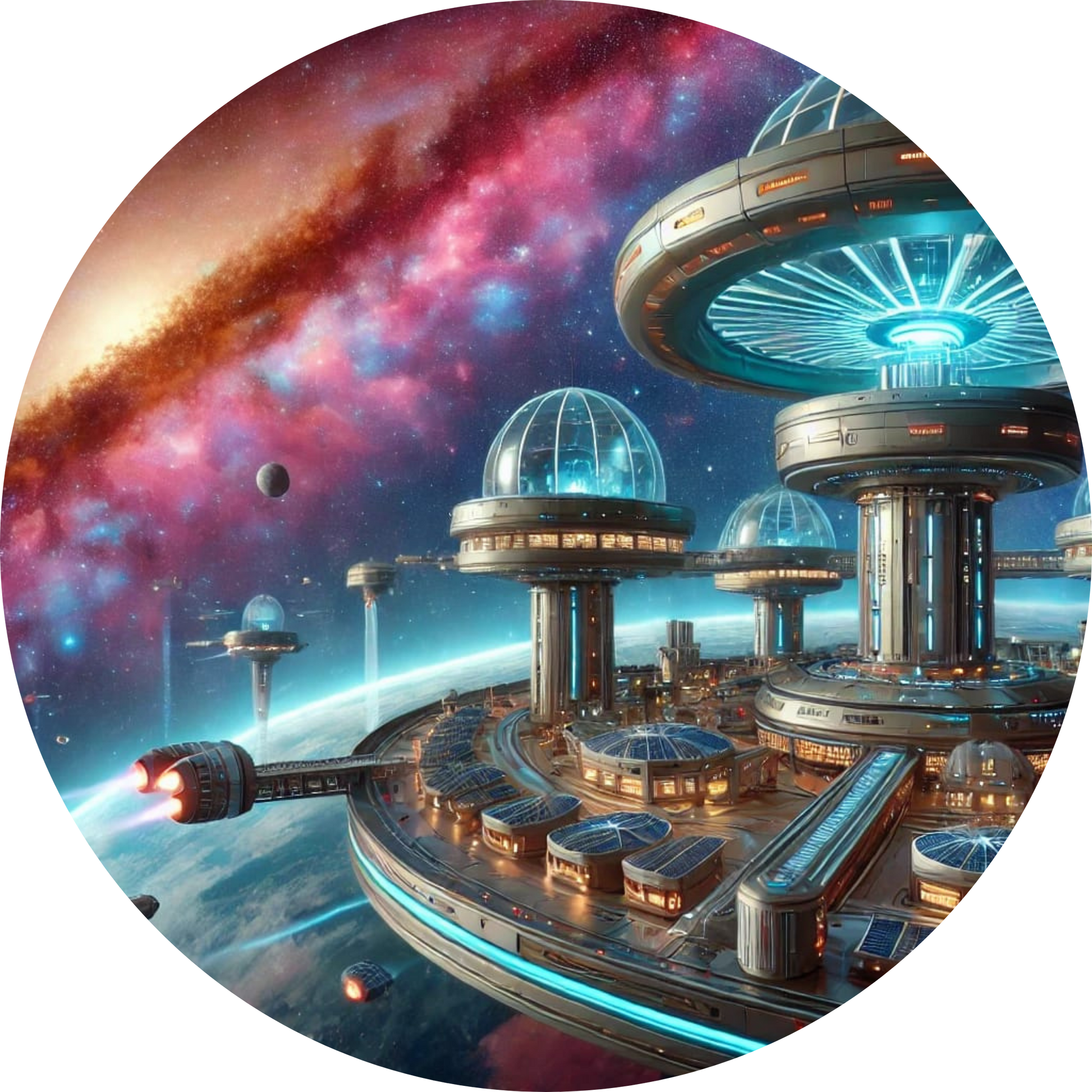 Stadt auf einem fremden Planeten mit buntem Himmel