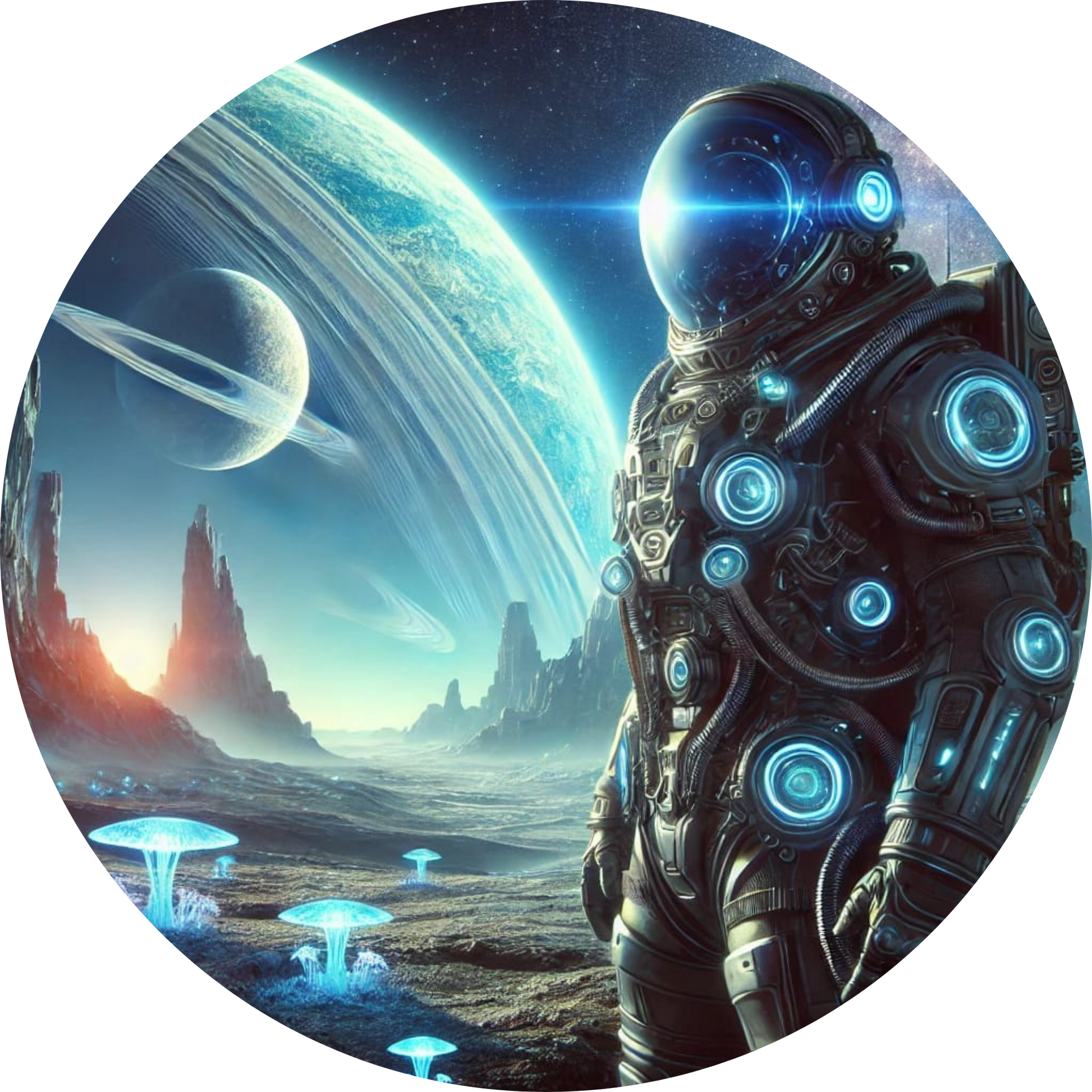 Astronaut auf einem fremden Planeten mit Raumschiff im Hintergrund