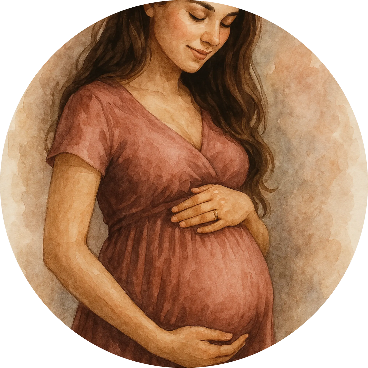 Frau mit Babybauch, den sie liebevoll umarmt