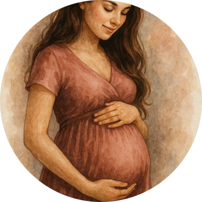 Frau mit Babybauch, den sie liebevoll umarmt