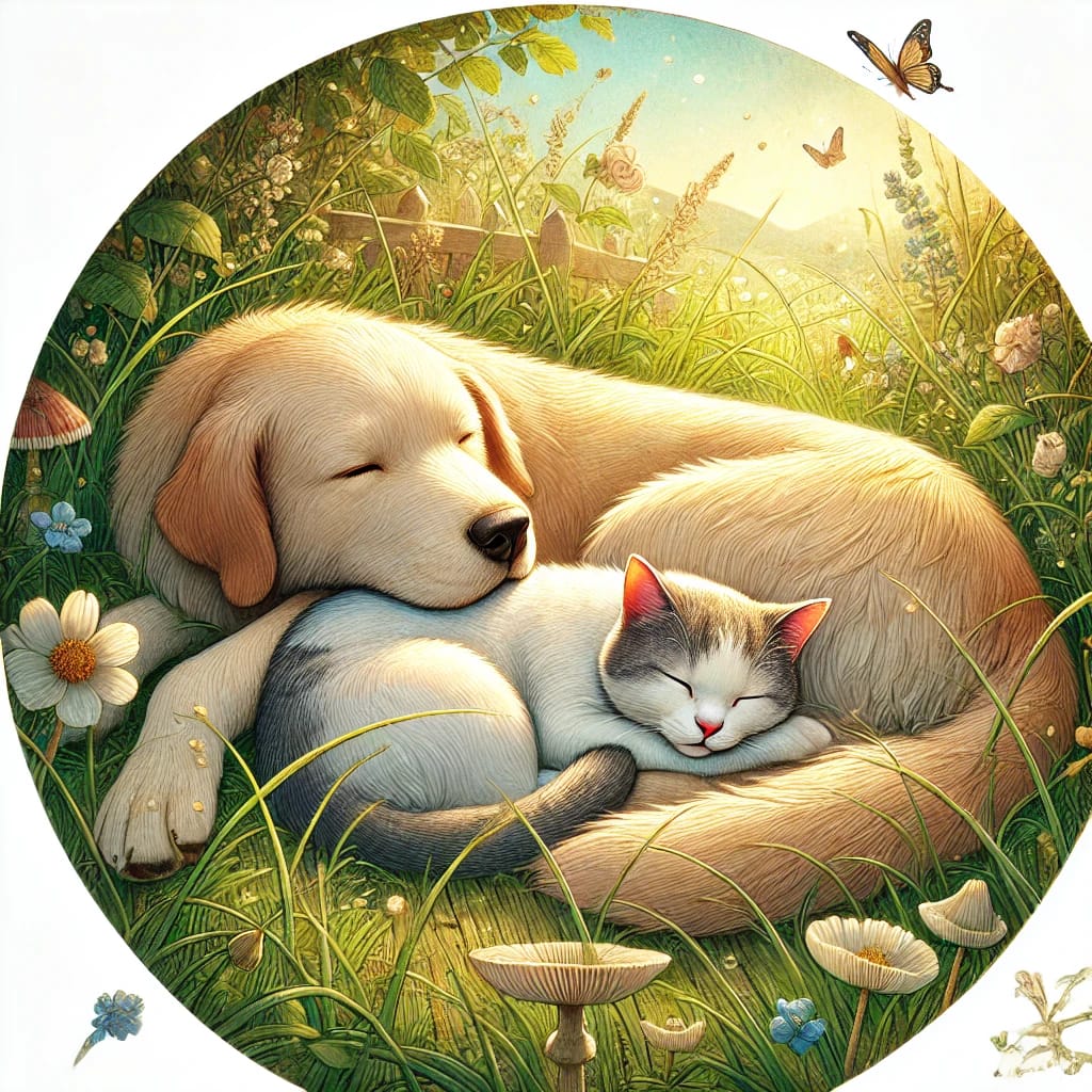 Hund und Katzen kuscheln im hohen Gras unter Bäumen