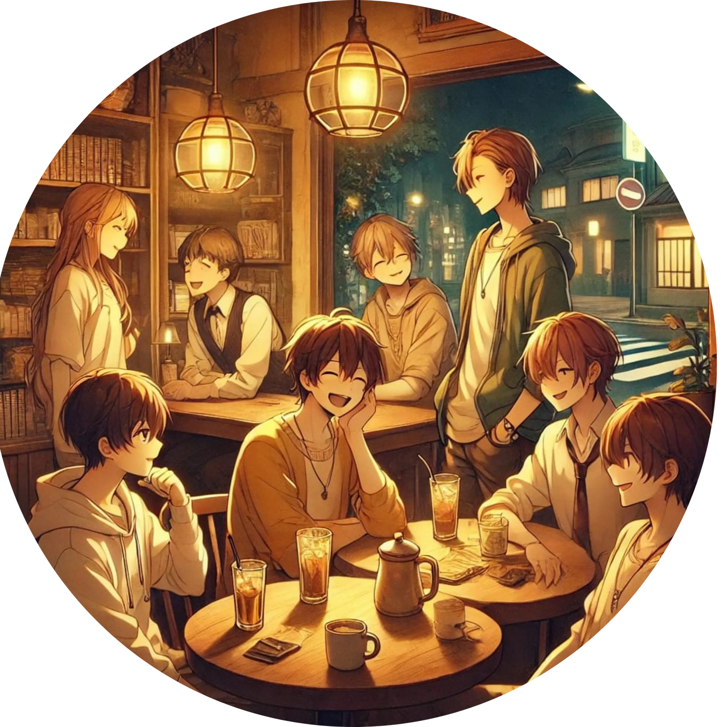 Anime-Freundesgruppe beim gemütlichen Treffen im traditionellen Café