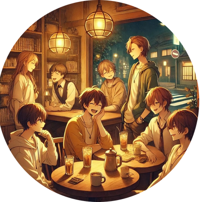 Anime-Freundesgruppe beim gemütlichen Treffen im traditionellen Café