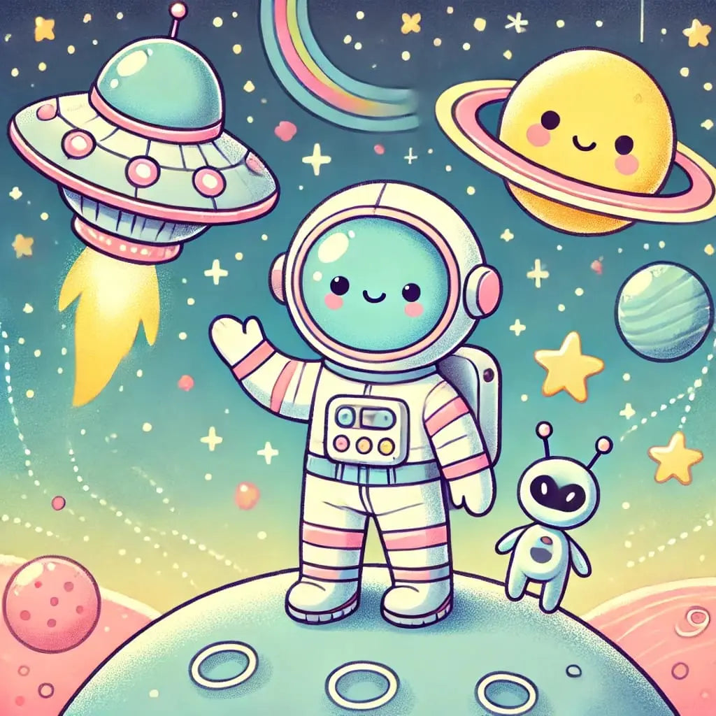 Kind im Raumanzug mit freundlich blickenden Planeten – verspieltes Design.