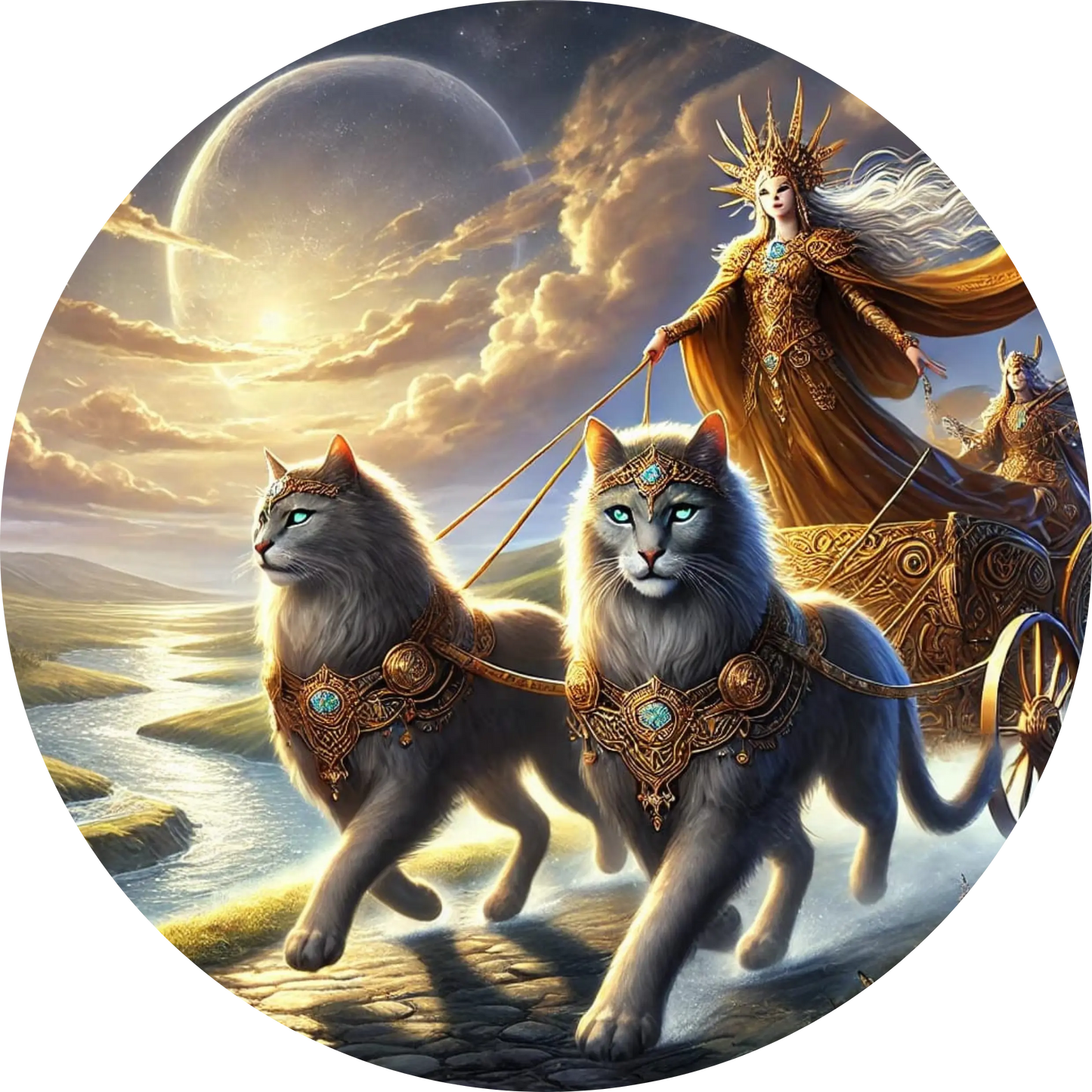 Nordische Göttin Freyja in einem prachtvollen, goldenen Gewand, stehend auf einem reich verzierten Wagen, der von zwei majestätischen, mit Edelsteinen geschmückten Katzen gezogen wird. Der Hintergrund zeigt eine traumhafte Himmelslandschaft mit Planeten und fließenden Wassern – eine symbolträchtige Darstellung göttlicher Kraft, Schönheit und Anmut aus der nordischen Mythologie.