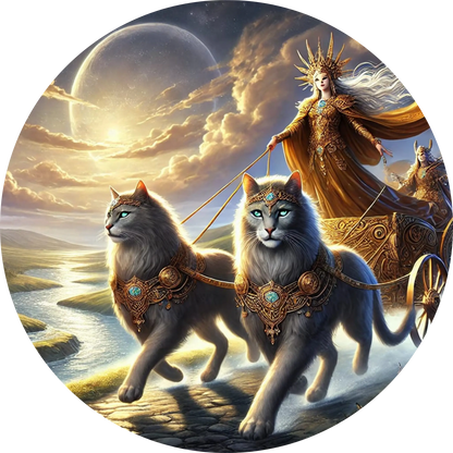 Nordische Göttin Freyja in einem prachtvollen, goldenen Gewand, stehend auf einem reich verzierten Wagen, der von zwei majestätischen, mit Edelsteinen geschmückten Katzen gezogen wird. Der Hintergrund zeigt eine traumhafte Himmelslandschaft mit Planeten und fließenden Wassern – eine symbolträchtige Darstellung göttlicher Kraft, Schönheit und Anmut aus der nordischen Mythologie.