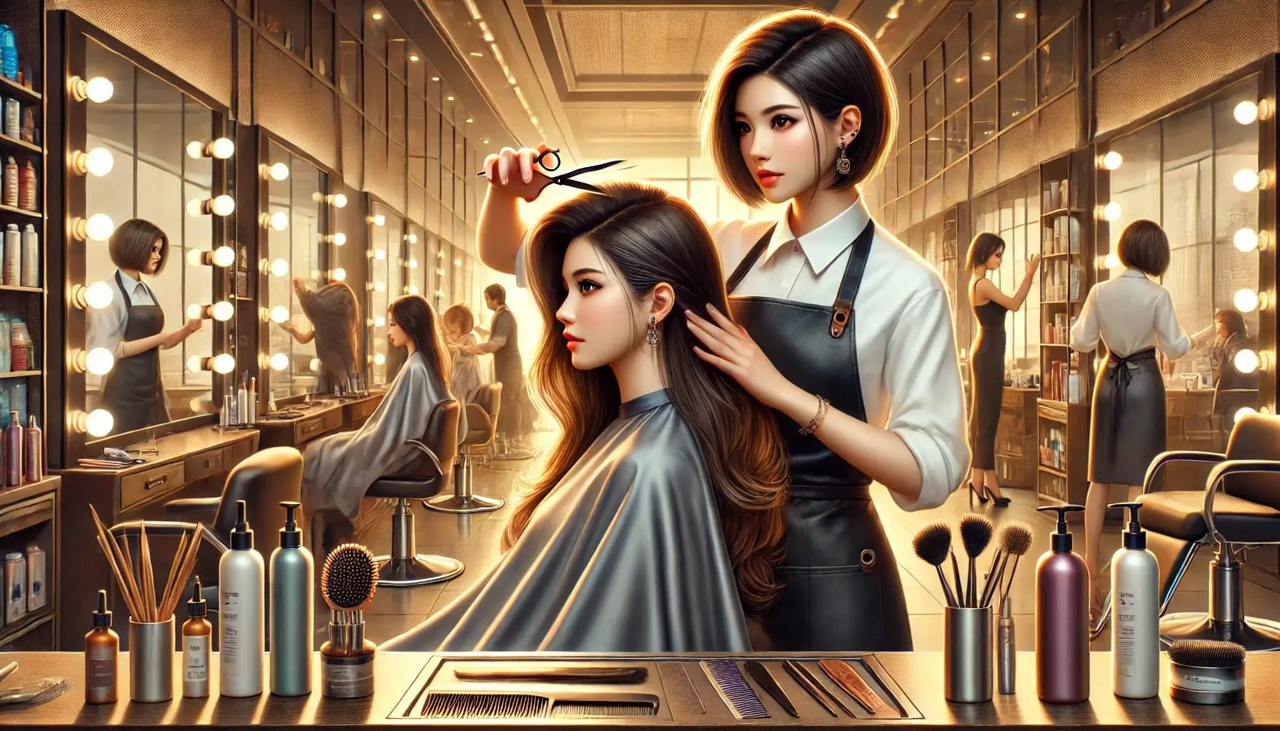 Friseurin beim Schneiden der Haare in einem stilvollen Salon mit Spiegeln und Beleuchtung – klassisches Handwerk modern interpretiert.