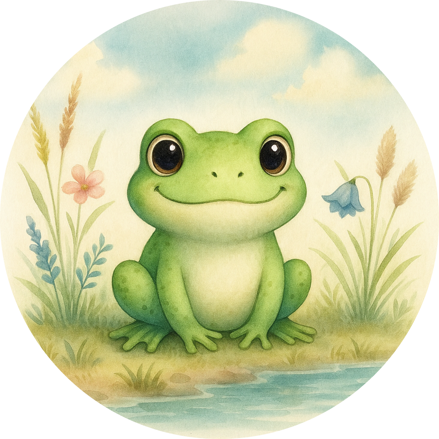 Kleiner Frosch auf Wiese, blickt freundlich in die Kamera
