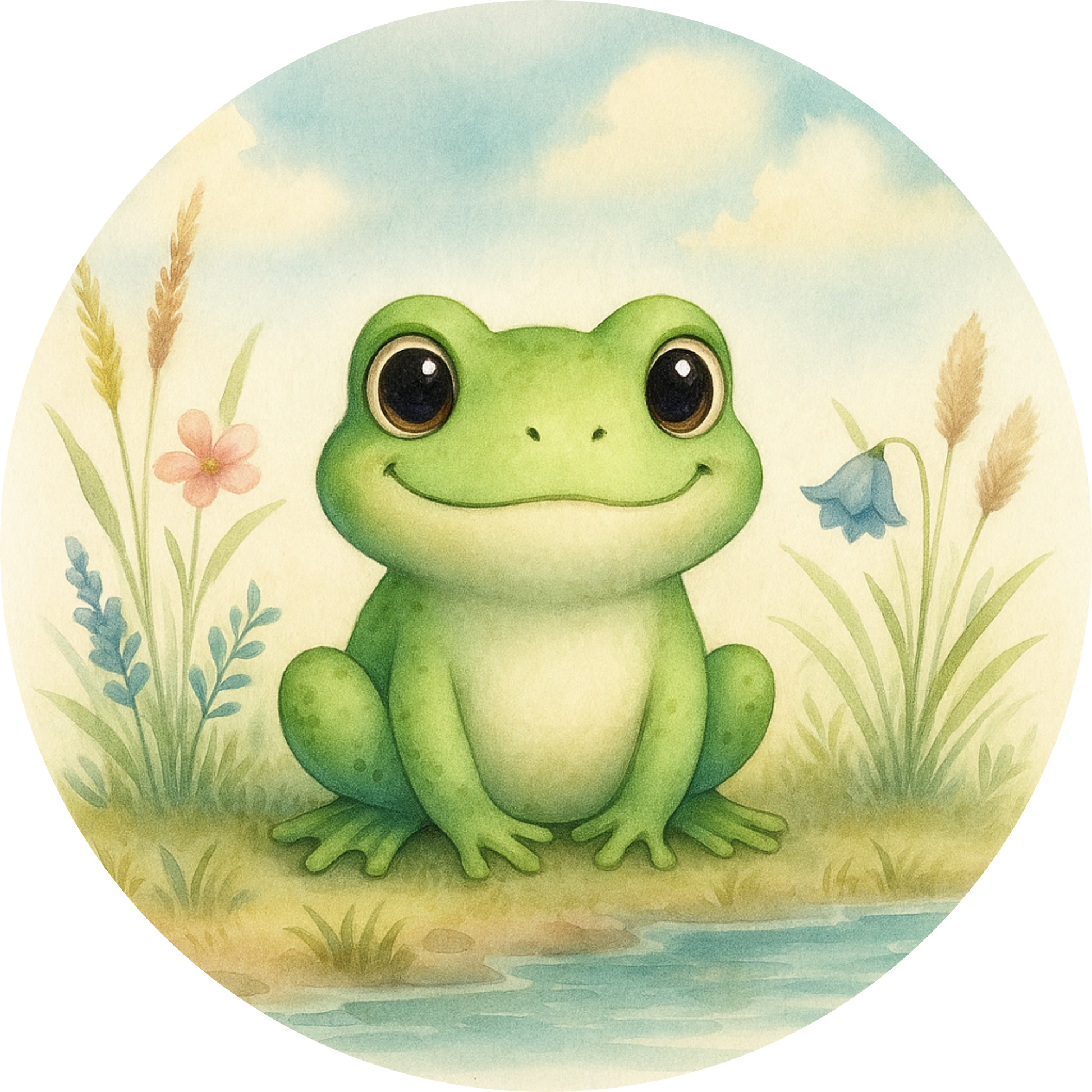 Kleiner Frosch auf Wiese, blickt freundlich in die Kamera
