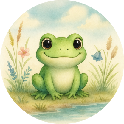 Kleiner Frosch auf Wiese, blickt freundlich in die Kamera
