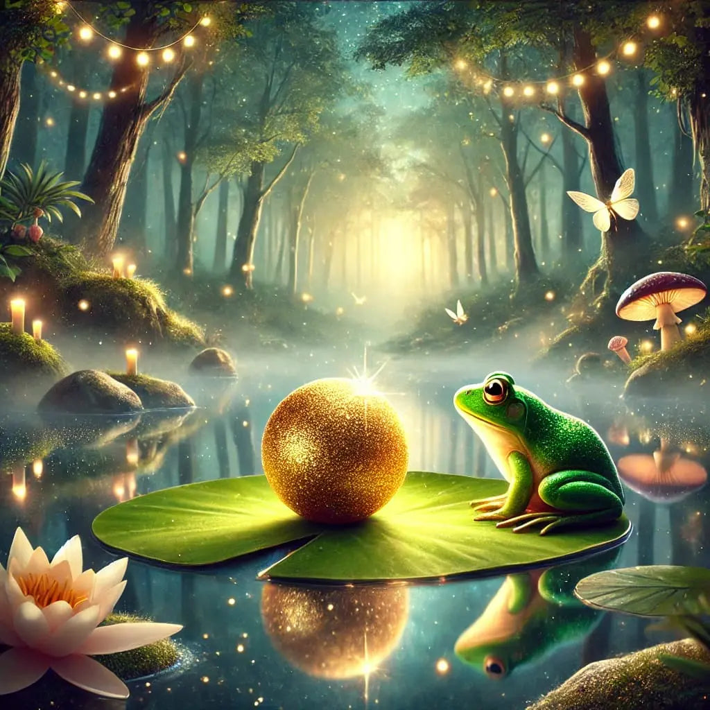Ein Frosch sitzt auf einem Seerosenblatt, vor ihm eine goldene Kugel. Der Teich und der Wald sind in ein schimmerndes Licht getaucht.