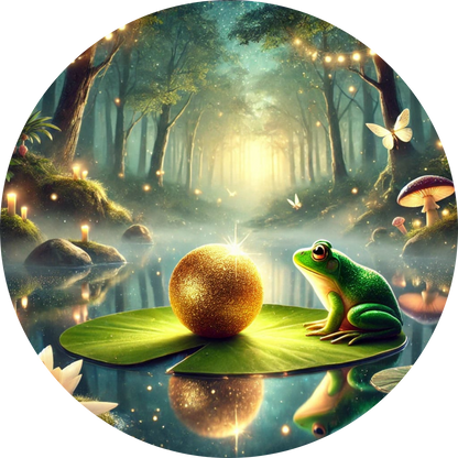 Glitzernde Kugel mit Frosch auf Seerosenblatt mit goldenem Lichtzauber über einem See
