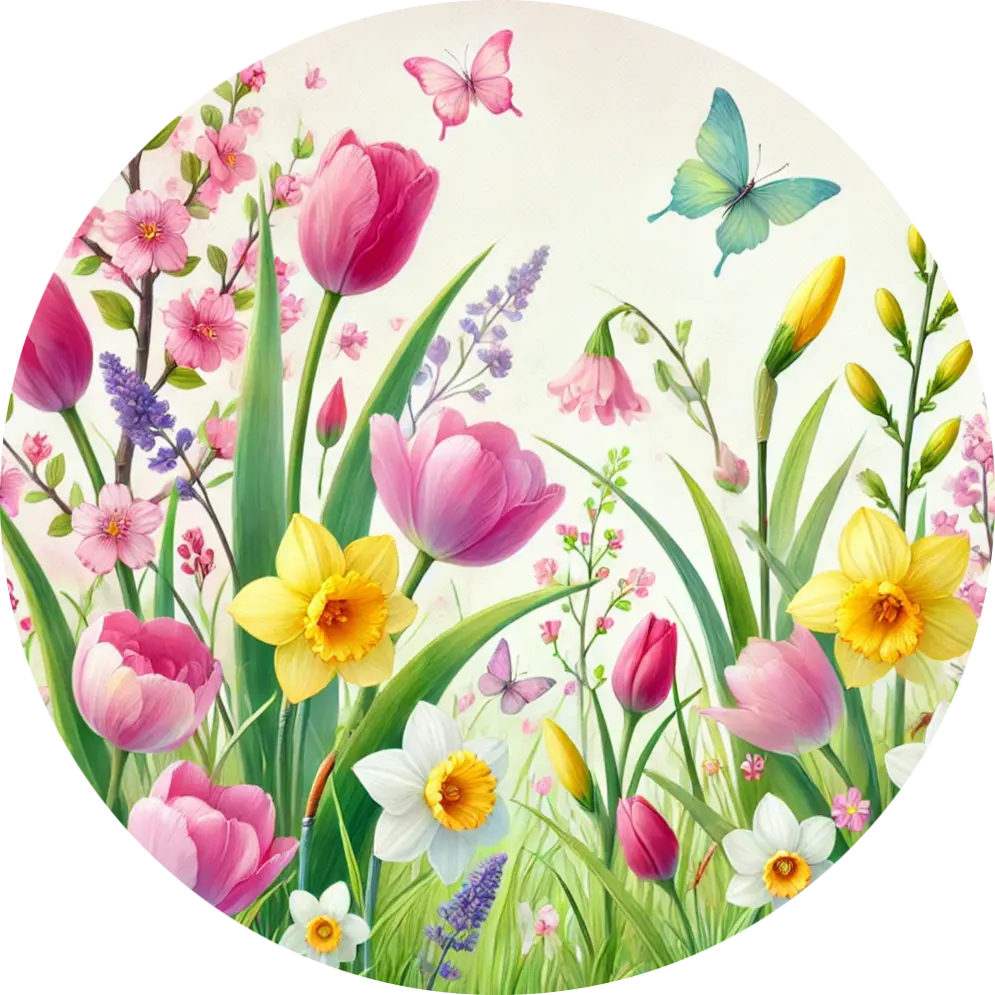 Frühlingswiese mit bunten Tulpen, Schmetterlingen und blauem Himmel