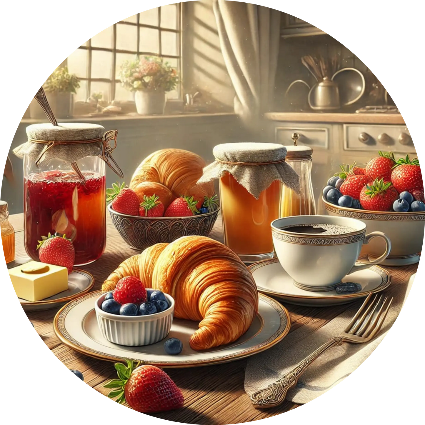 Reich gedeckter Frühstückstisch mit Croissants, Obst und Kaffee