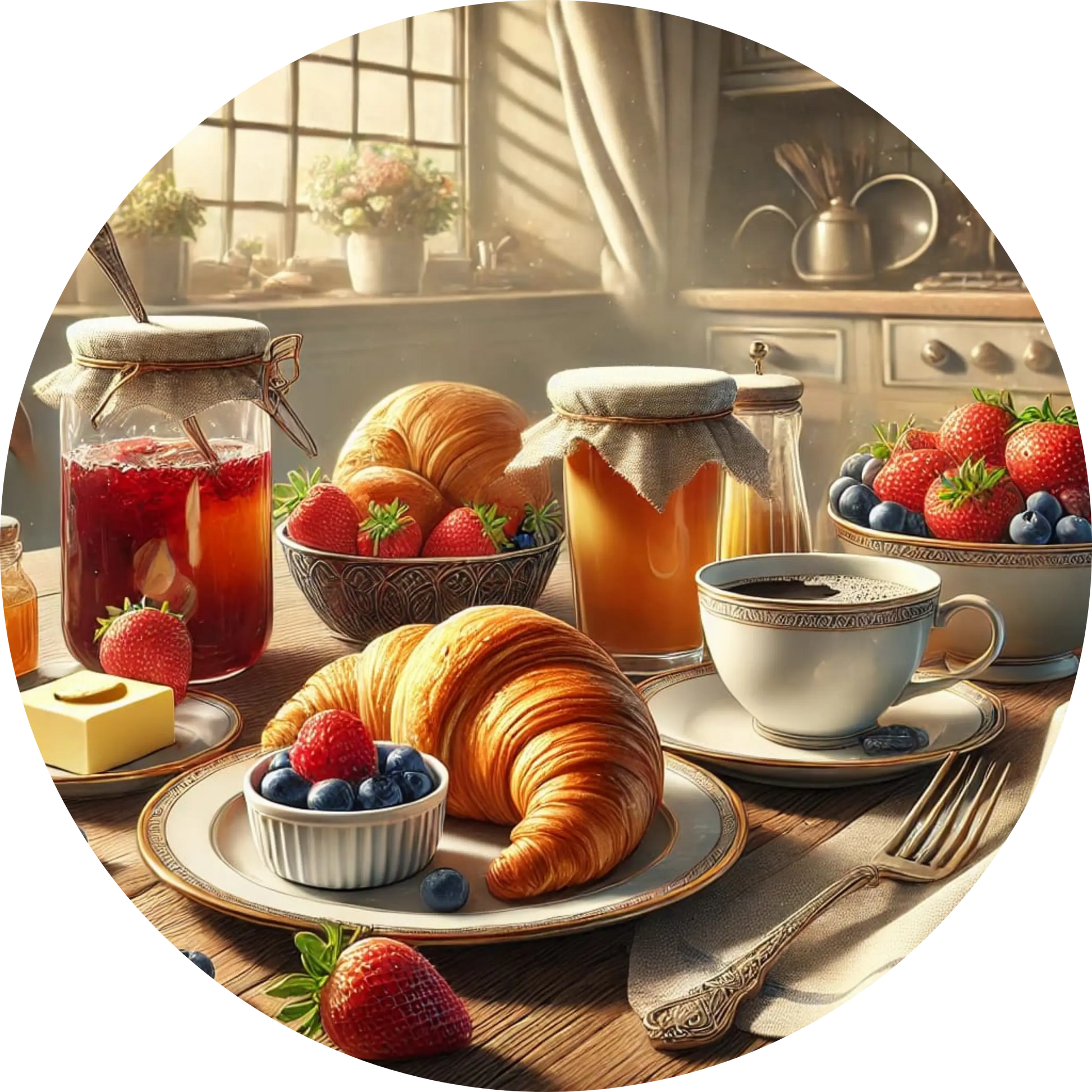 Reich gedeckter Frühstückstisch mit Croissants, Obst und Kaffee